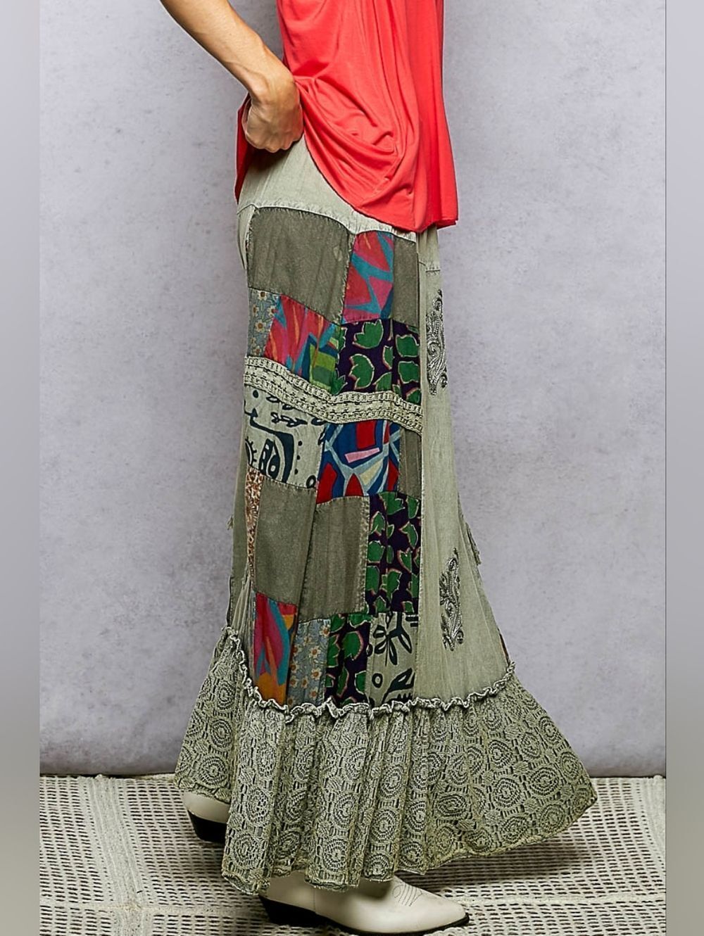 POL Printed Embroidered Ruffled Bohemian Patchwork Green Sz Small - Picture 2 of 9